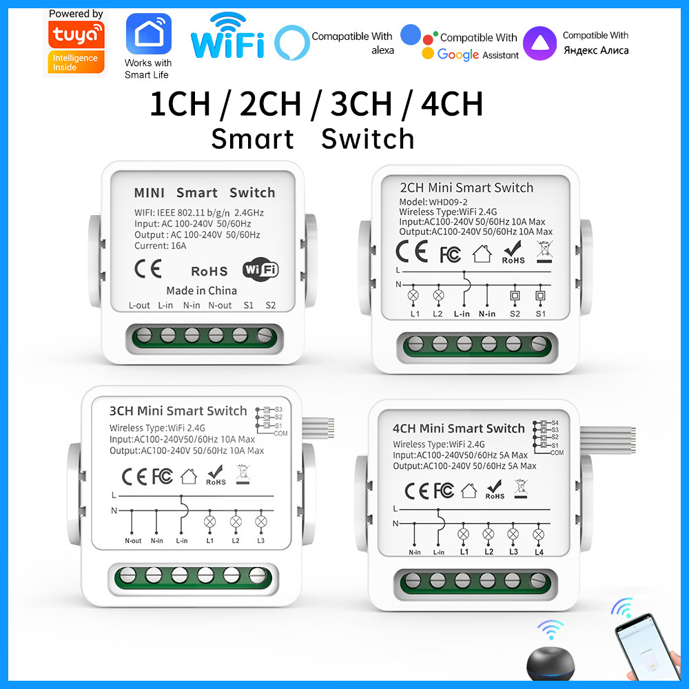 Smart Home Miniature - Inteligentny przełącznik WiFi Tuya 1/2/3/4-kanałowy, 4-drożny